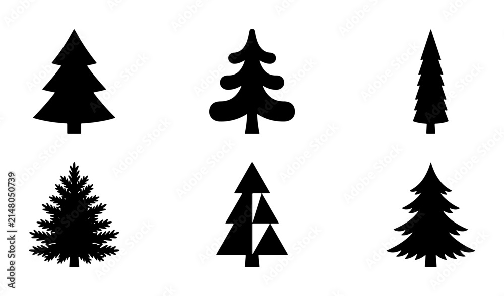 Fototapeta premium Set of Six Black Christmas Tree Icons, Festive Evergreen Silhouettes for Winter Holidays and Nature Designs
