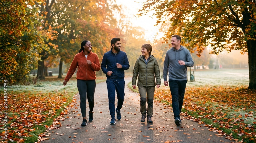 Obraz premium Diverse group of friends enjoying a brisk walk in a park during autumn with colorful leaves on the ground Vídeo