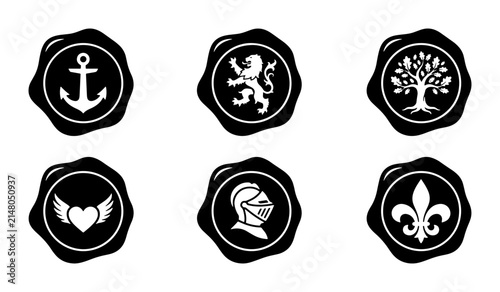 Heraldic Wax Seal Icons: Anchor, Lion, Tree, Heart, Knight, Fleur-de-lis Vector Set