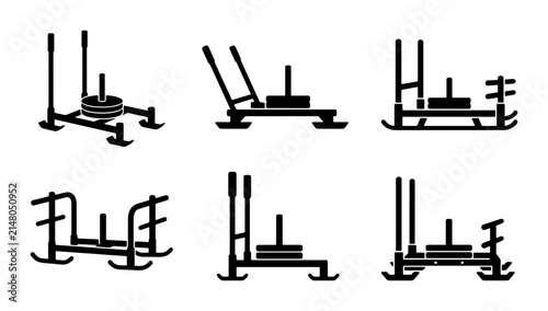 Fitness Training Sleds, Strength Workout Equipment, Gym Gear, Weight Lifting Tools, Vector Icons