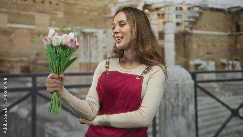 Fototapeta premium Woman in red apron holds a tulip bouquet with hand extended at historic building; gentle contentment.