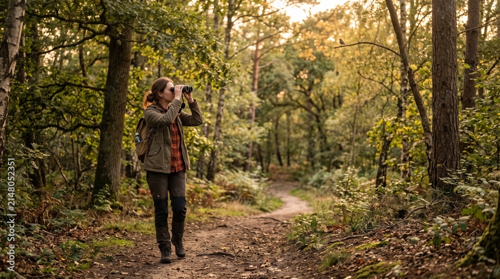 Fototapeta premium Young woman photographing nature on hiking trail in autumn forest 