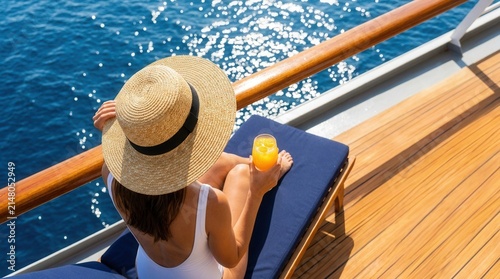 View from above of a cute woman with a glass of drink by a cruise ship swimming pool on a sunny clear morning