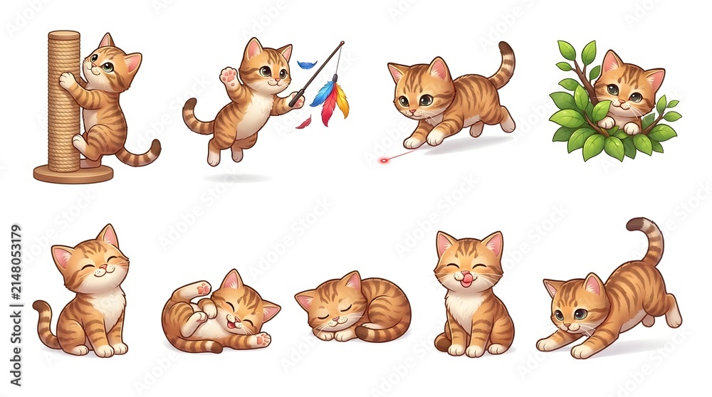 Naklejka premium Ginger kittens showcase a variety of cute expressions and active moments in this delightful series of illustrative drawings.