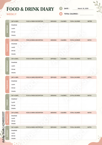 Food & Drink Diary Printable Meal Tracker