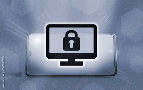 Canvastavla Smartphone con pantalla táctil transparente mostrando un icono de bloqueo y seguridad digital, concepto de ciberseguridad móvil y protección de datos