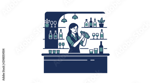 Female bartender shaking a cocktail at the bar counter illustration