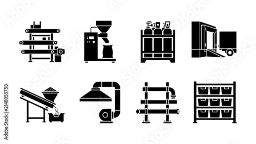 Black and white industrial machinery icons set
