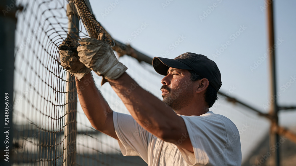 Fototapeta premium Early morning mist curls around a batting cage net as a groundskeeper in worn gloves stretches new protective mesh across steel poles, sweat on brow despite cool dawn air,