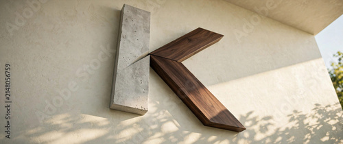 Large three dimensional letter K sculpture concrete and walnut wood on limewash textured wall architecture