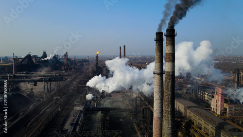 Obraz na plátně Factory, industrial enterprise, metallurgical plant, smoke from chimneys, aerial photography from a drone