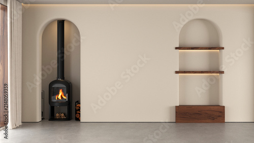 The Modern cozy interior design of beautiful empty room and white wall texture and fireplace background. 3d render
