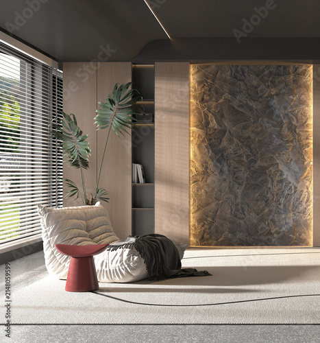 Modern cozy living room and stone wall texture decor background interior design / 3D rendering
