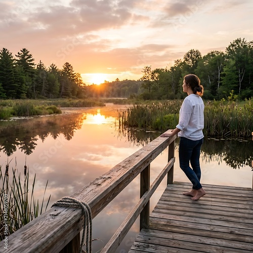 Woman on deck overlooking misty marsh.