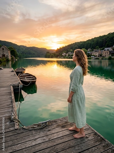 Woman on dock near mountain village at sunset