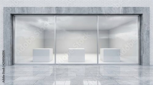 Modern empty storefront with a large window display and three mockup podiums on a city sidewalk 3D rendering.