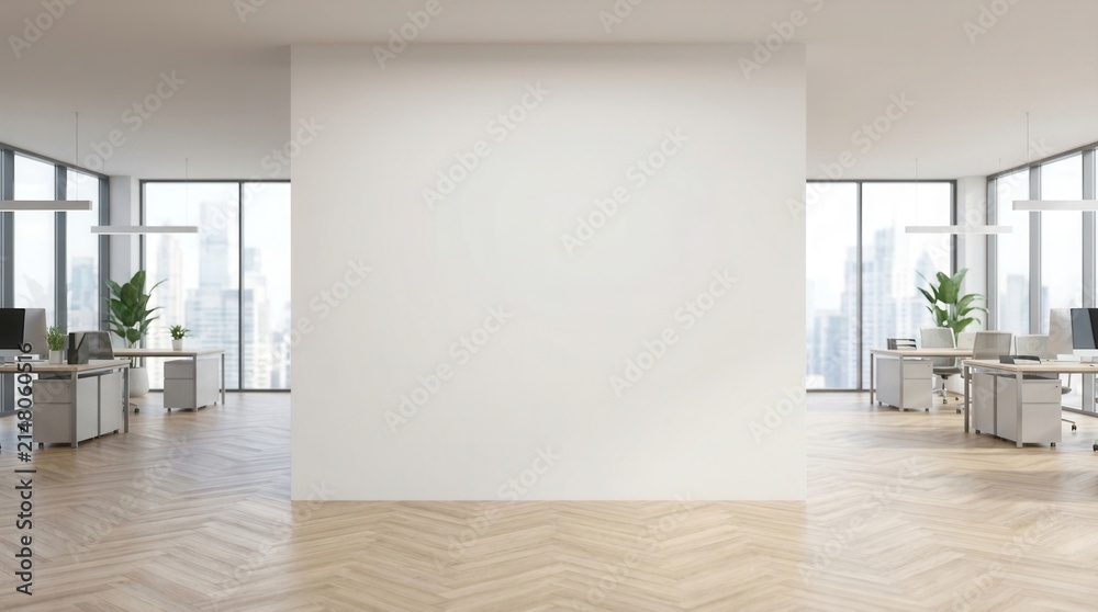 Fototapeta premium Modern corporate office interior with a blank white wall mockup, wooden floor, and glass windows with city view for logo or poster display.