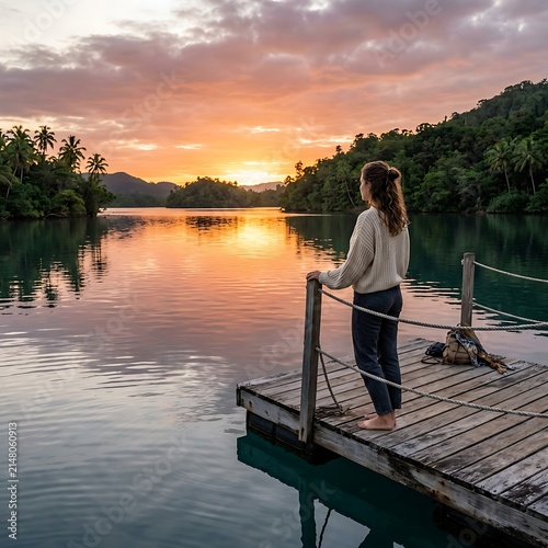 Woman on dock watching vibrant sunset over lake.