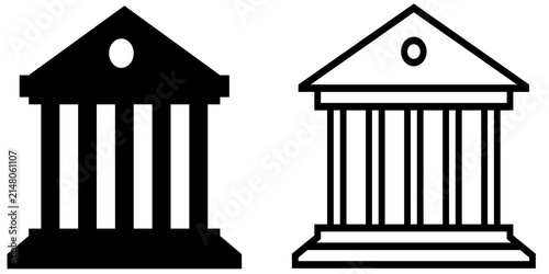Classic bank building icon set in solid and outline styles. Clean vector illustration for banking, finance, government, investment, financial institutions, business, and payment services.