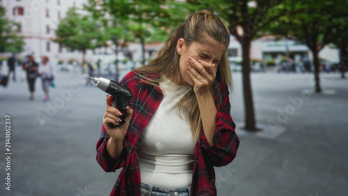 Obraz na plátne Woman holding cordless screwdriver covering mouth with hand on a busy city street plaza near trees and buildings; surprise discomfort