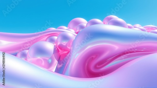 Abstract fluid shapes, pastel colors, smooth surfaces. Light reflects, creating dynamic visual texture. Dreamlike, modern aesthetic.