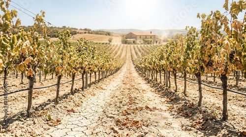 Blazing midday sun and heat haze over curling French countryside vineyard rows in dry soil