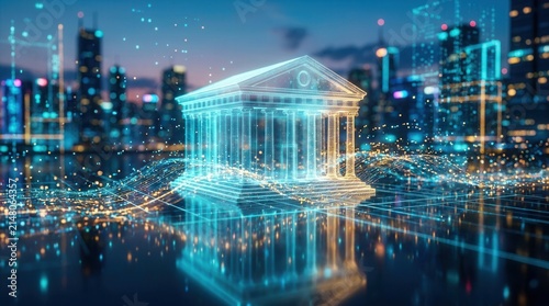 Futuristic smart city concept featuring a digital data stream with a glowing holographic projection of a bank building