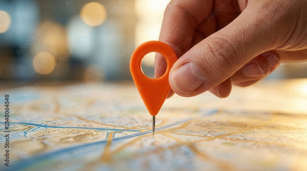 Fototapeta premium Site selection and regional fitness brand growth illustrated by a franchise team member placing a vibrant location pin on a blurred street map of an adjacent town.