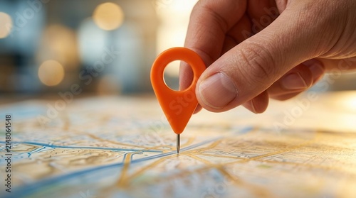 Site selection and regional fitness brand growth illustrated by a franchise team member placing a vibrant location pin on a blurred street map of an adjacent town.