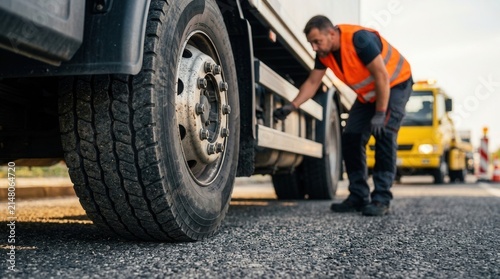 Emergency assistance scene featuring a mechanic inspecting a large truck tire with roadside equipment in the background.