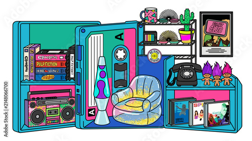 Retro 90s Pop Culture Illustration with Nostalgic Memorabilia