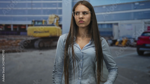 Принти на полотні Young woman with glasses and puffed cheeks, arms crossed in front of a construction building wearing a striped shirt and long hair; frustration delay complaint