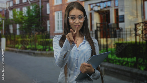 Картината върху платно Young woman holding clipboard points index finger on street in front of brick building near iron fence; confidence