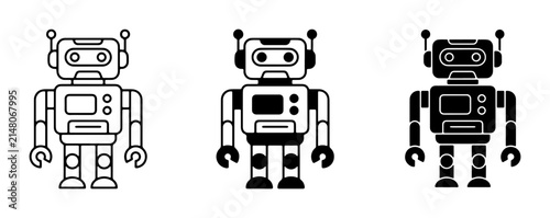 Three Robot Icons: Outline, Filled, and Silhouette Styles, Futuristic Android Figures for Technology and AI Concepts