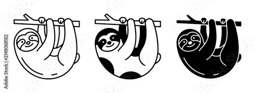 Bild auf Leinwand Three Stylized Sloth Icons: Outline, Filled, and Silhouette, Hanging on Branches