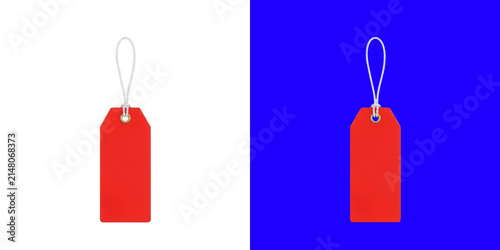 Blank red price tag with a string loop for retail marketing and product labeling hanging against two different solid backgrounds