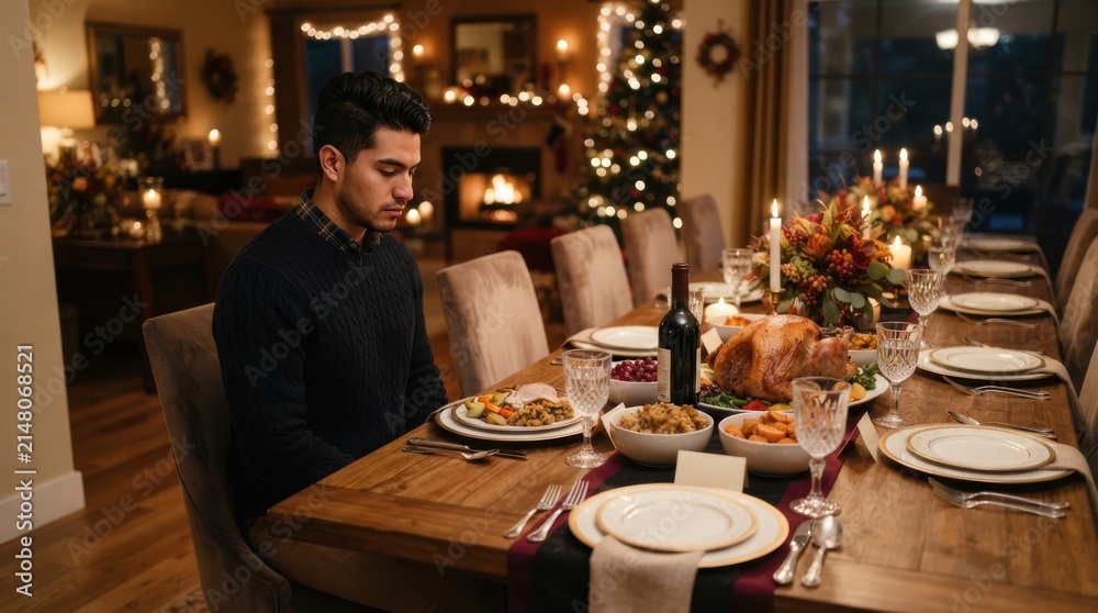Fototapeta premium Man sitting alone at a festive holiday dinner table set for many