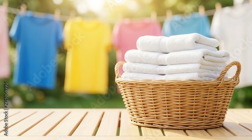 Clean white towels in a wicker basket on a wooden porch with colorful shirts drying on a clothesline in the sun.