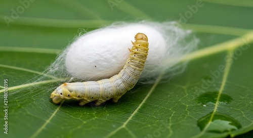 Silk Worm spinning a white silk cocoon on a mulberry leaf