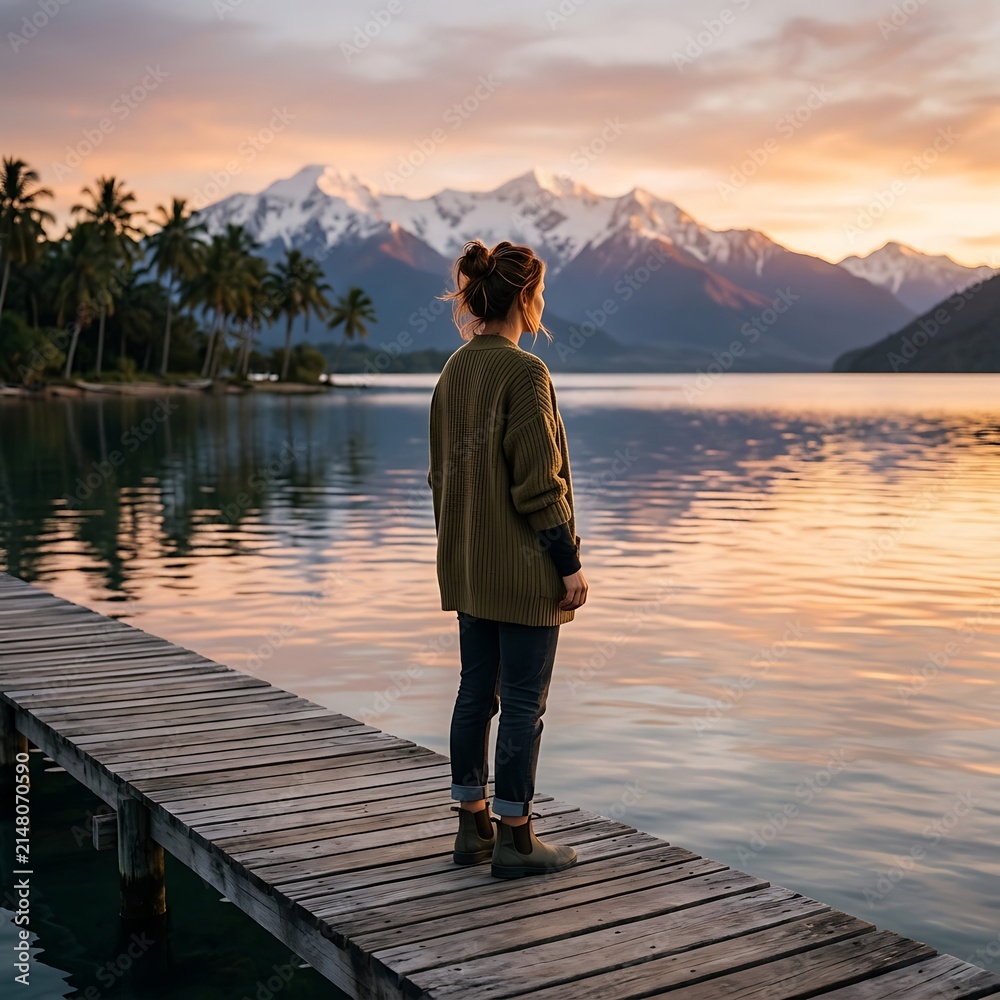 Fototapeta premium Woman standing on wooden pier overlooking snowy mountain lake