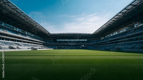 Wide Angle View of Empty Modern Football Stadium Under Blue Sky. Empty sports stadium featuring a pristine green grass pitch and grand tiers of spectator seating, clear blue sky