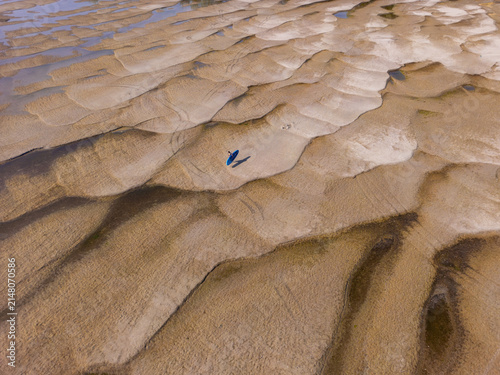 Konstfotografi Aerial view of people walking across exposed sandy sandbars on Danube River, highlighting extreme drought and low water levels caused by climate change
