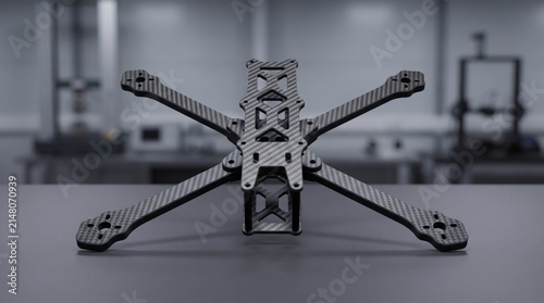 Quadro su tela Carbon fiber fpv racing drone frame skeleton on workbench in workshop with quadc
