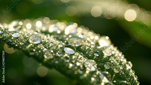 Close up of water droplets on green leaf surface with blurred background