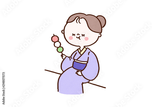 Картината върху платно Woman in a kimono sitting and eating sanshoku dango, hanami spring festival or t