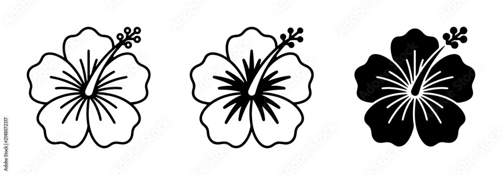 Obraz premium Hibiscus Flower Icons, Tropical Floral Silhouettes, Vector Graphics for Summer Design, Botanical Elements