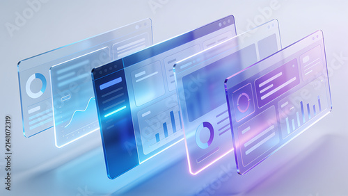 Obraz na płótnie Multiple translucent glass interface panels displaying colorful data charts and analytical graphs floating in a soft bright digital tech space