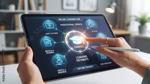 Obraz na płótnie Person using tablet displaying online learning hub dashboard