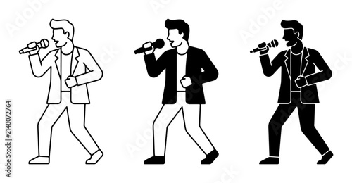 Singer Performing with Microphone, Vector Set: Outline, Flat Color, Silhouette Styles for Music Events, Concerts, and Entertainment Graphics