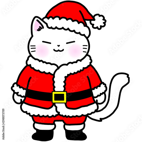 A cute chubby white cat cartoon wearing santa claus costume for Christmas theme concept, xmas holiday illustration